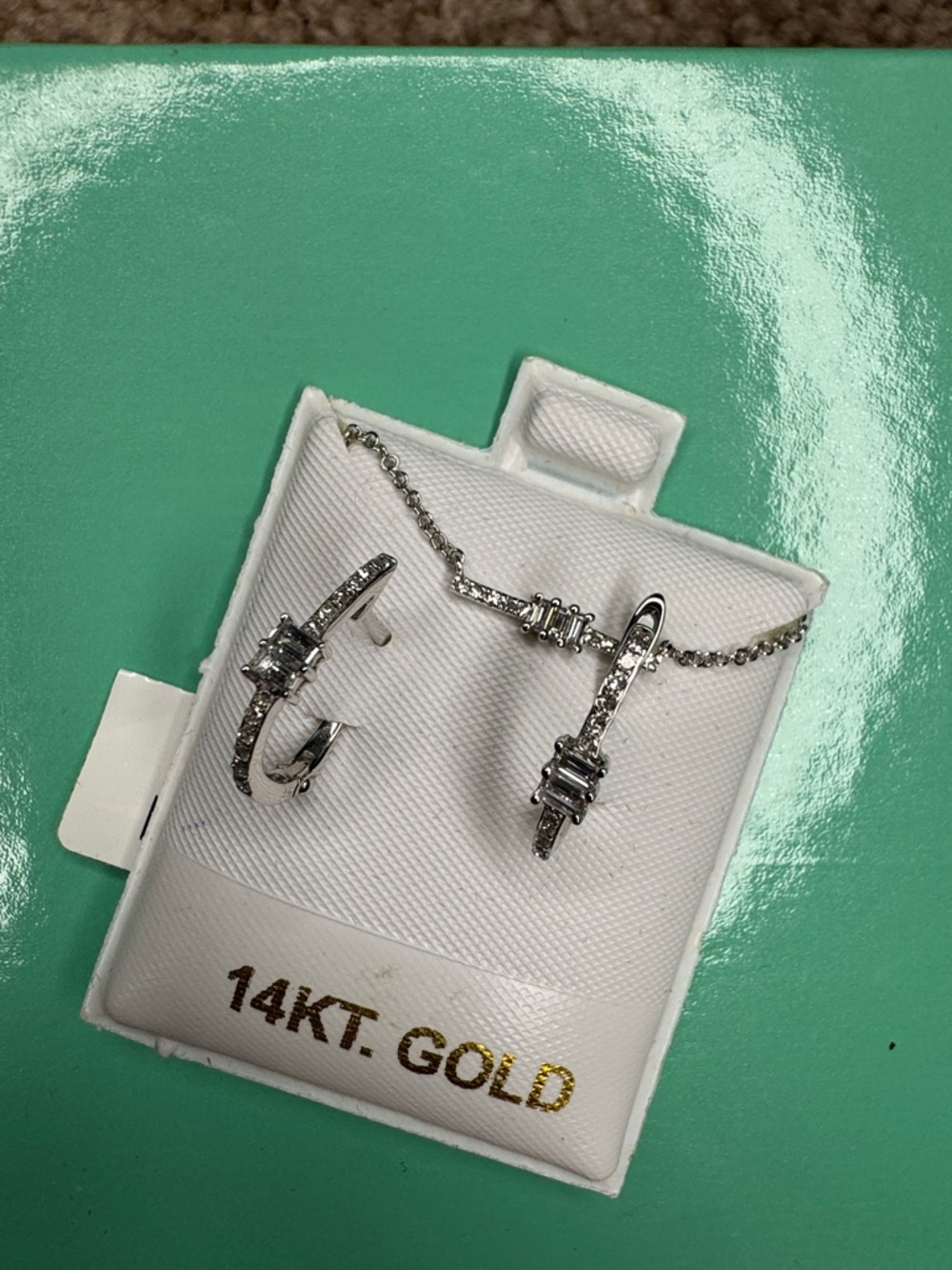 14KT Gold Diamond Accent Hoop Earrings and Pendant Set - White Gold Tone